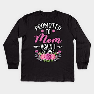 Promoted To Mom Again I Est 2023 Kids Long Sleeve T-Shirt